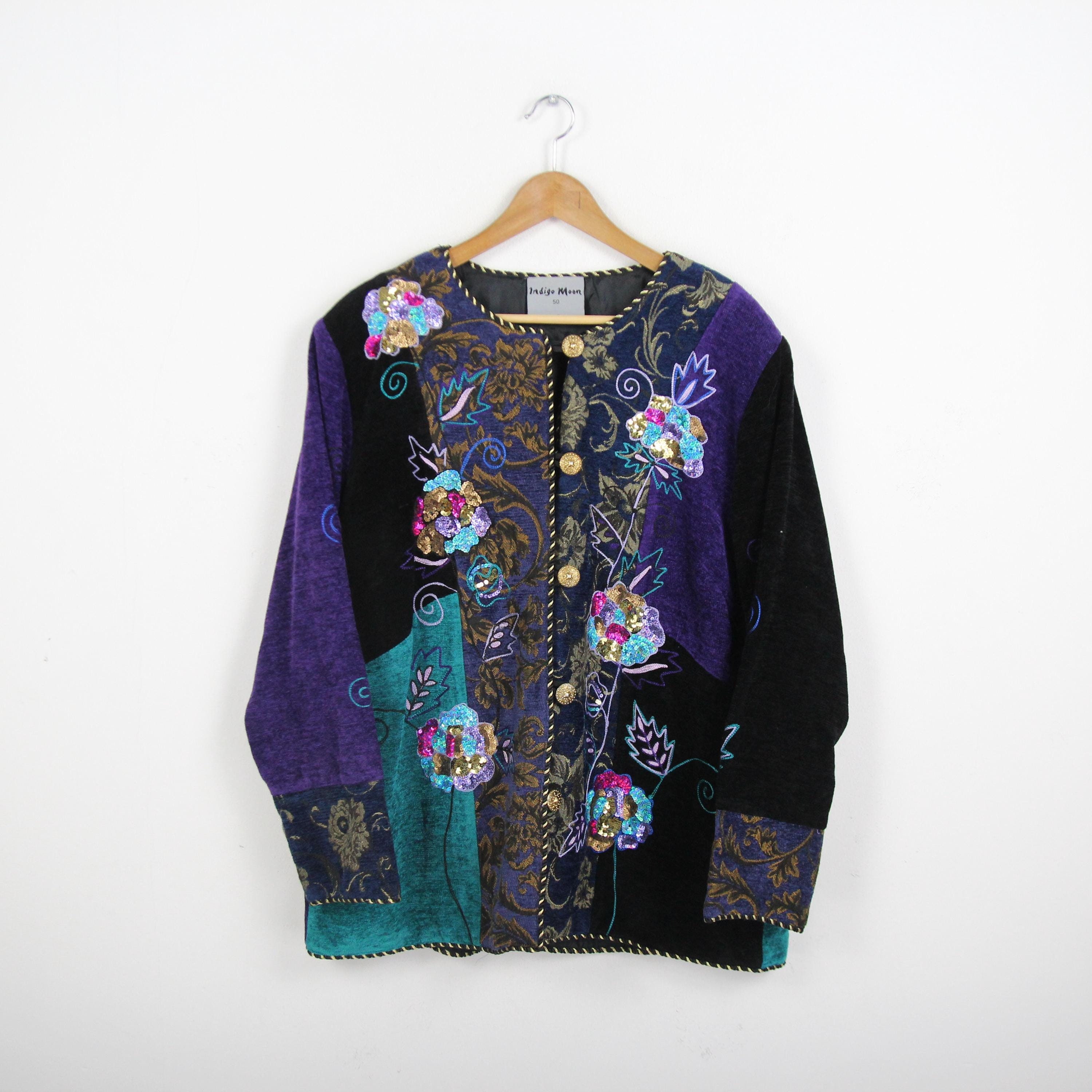 美品 VINTAGE Indigo Moon ゴブラン ノーカラージャケット L 9ed273c0125073a35a1d497dcbf1da