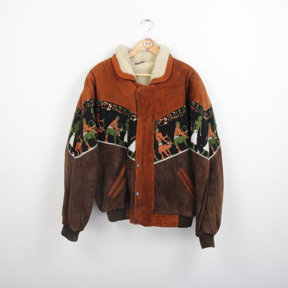 Vintage 90s Leder Jacke Mantel Aztec Navajo Style… - image 1