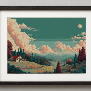 May include: Framed landscape art print. The pixelated illustration shows a tranquil countryside scene with a house, rolling hills, and a mountain range under a teal sky with fluffy clouds and a full moon. The artwork is framed in black.