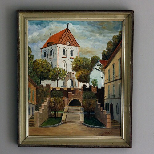 Vintage acrylic painting on cardboard with signature in timber frame, Church scene, Great shops wall decor, Painting from Sweden