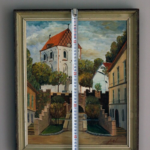 Vintage acrylic painting on cardboard with signature in timber frame, Church scene, Great shops wall decor, Painting from Sweden