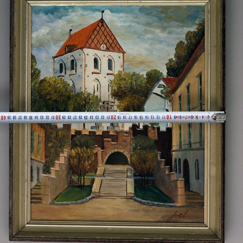 Vintage acrylic painting on cardboard with signature in timber frame, Church scene, Great shops wall decor, Painting from Sweden