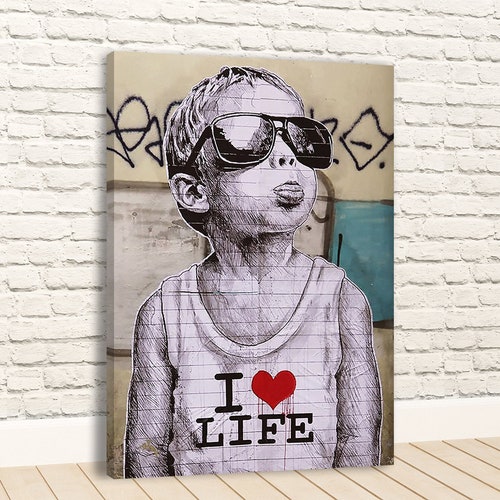 Banksy Street Graffiti Artist I Love Life Boy Canvas Wall Art