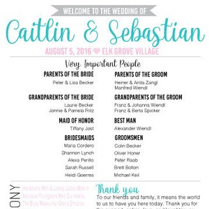 Op de afbeelding: Huwelijksaankondiging voor Caitlin en Sebastian, die plaatsvindt op 5 augustus 2016 in Elk Grove Village. De aankondiging vermeldt de namen van de ouders, grootouders, bruidsmeisje, bruidsmeisjes, getuige en bruidegom.