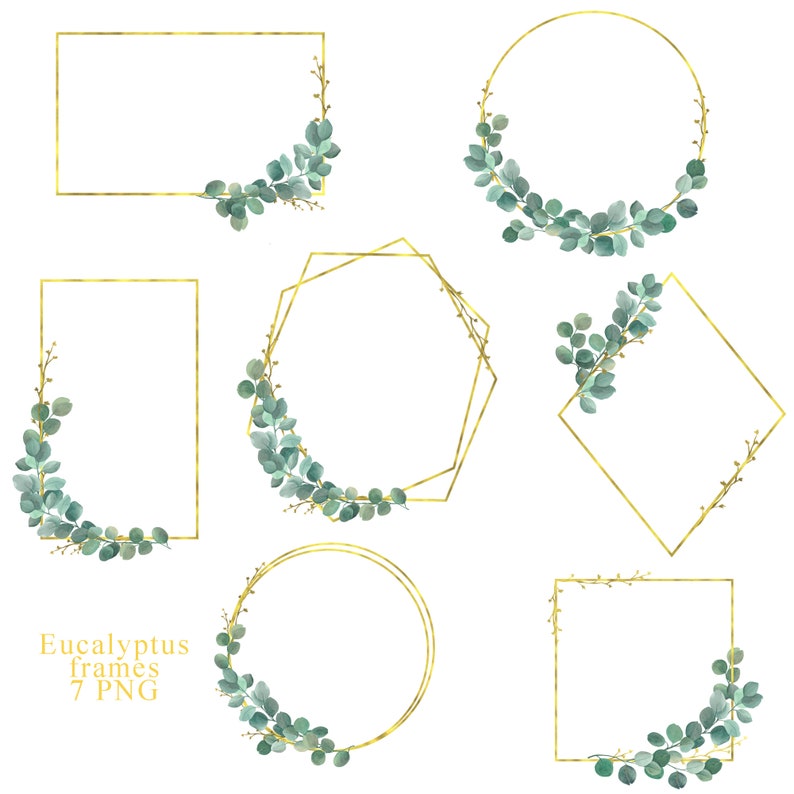 Watercolor Greenery Geometric Gold PNG Eucalyptus Bouquets Frames Clipart Eucalyptus Wedding Invitation