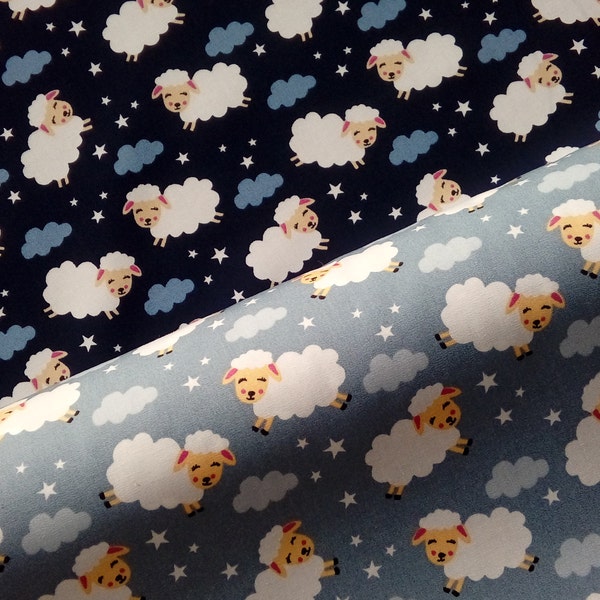 Sheep Clouds Stars Navy / Grey 100% Cotton Poplin Fabric Sewing Quilting Patchwork Crafts Fat Quarter Metre