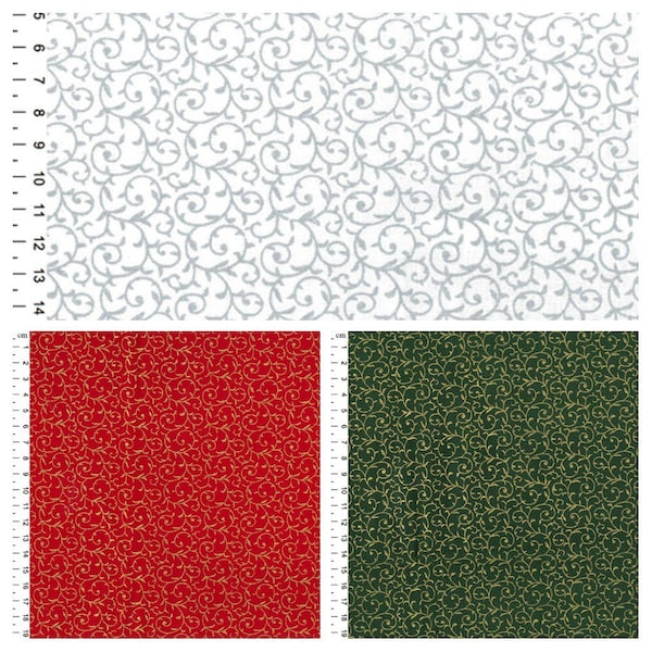 White/Silver Green/Gold Red/Gold Metallic Scroll Christmas Fabric 100% Cotton Quality Fat Quarters Half and Whole Metres  Sewing Quilting