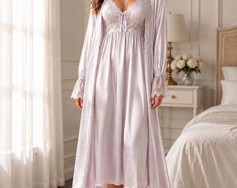 Women's 100% Mulberry Silk Slip Dress + Robe set Light Purple Momme Silk