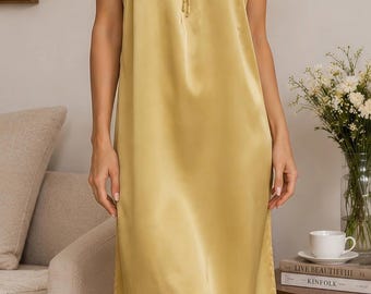100% Mulberry Silk Nightgown | Knee Length Silk Sleep Dress | Silk Nightwear in gold | Breathable Silk Nightgown Gift