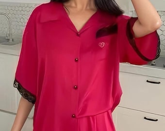 100% Mulberry Silk Pajama Sleep shirt + Shorts set night gown One size (XS-L)