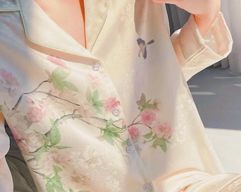 100% Mulberry Silk Pajama Set, 22 Momme Floral Print Lounge Wear
