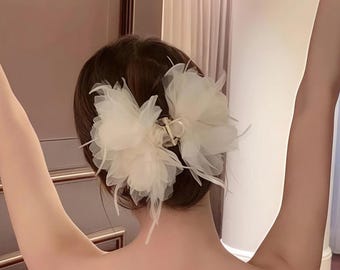 Large Swan-Lake Inspired Hair Claw Clip with Fabric Flower, Feather, Pearls – Bridal Party Accessory