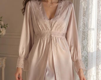 Women's 100% Mulberry Silk Slip Dress + Robe set Light Purple Momme Silk