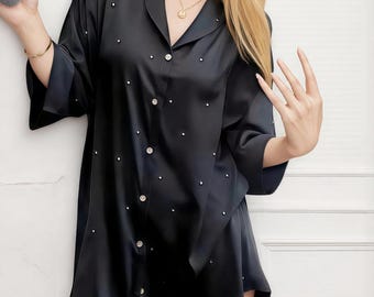 100% Mulberry Silk Pajama Top Oversized Sleep shirt night gown One size (XS-L)