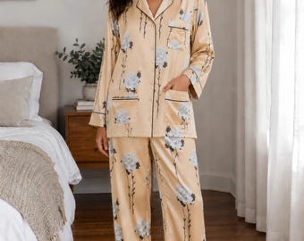 100% Mulberry Silk Pajama Set for Women, Relaxed fit, Luxury Floral Silk Sleepwear, Long Sleeve Button-Up Pajamas, Wide Leg Silk Pants