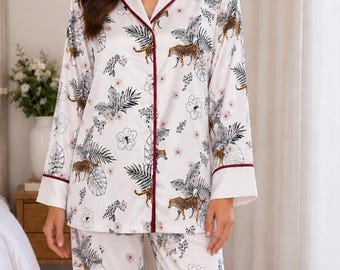 100% Mulberry Silk women's Pajama Set, Tropical Leopard & Botanical Print, Long Sleeve Button-Up Sleepwear, Elegant 2-Piece Lounge Set