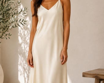 Heavyweight 100% Mulberry Silk Midi Dress, V-Neck, Silver Gray, Elegant Event Wear
