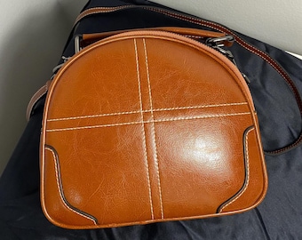New! Women's round leather crossbody handbag - cowhide leather brown