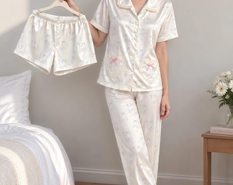 100% Mulberry Silk 3-Piece Pajama Set cute baby animal print (US size XS)