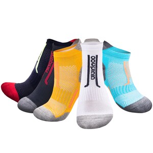 May include: Five pairs of athletic socks in various colors: navy blue with red accents, black with red accents, yellow with orange accents, white with black text, and light blue with orange accents. Each sock has a gray toe and heel.