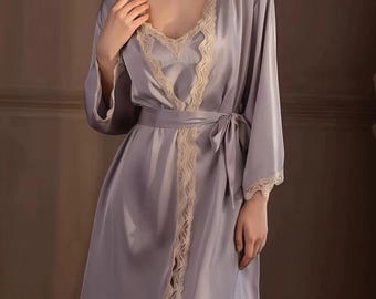 Women's 100% Mulberry Silk Slip Dress + Robe set light purple Momme Silk (US Size M)