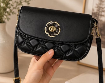 Sale! AS IS! Women's Black leather cross body handbag purse adjustable chain shoulder strap with golden ball adjuster