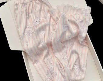 100% Mulberry Silk Pajama Set, Pink Kitty Print, Lace Trim Lounge Wear (US L/12)