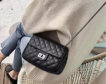 New! Women's black leather handbag shoulder bag with adjustable chain strap