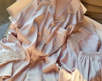 100% Mulberry Silk women's Pajama Set, 19 momme light purple Lounge Wear