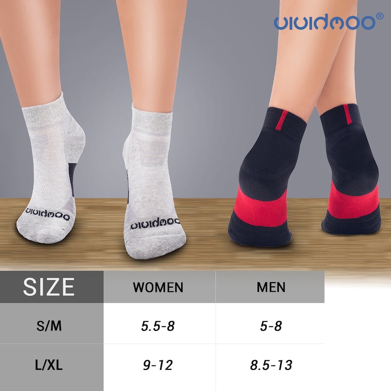 May include: Ankle socks in gray and navy blue with red accents. The socks are displayed on legs, showcasing the design and fit. The brand name "vividmoo" is visible. A size chart is included, indicating sizes S/M and L/XL for women and men.