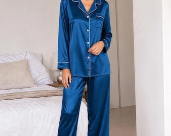 100% Mulberry Silk women's Pajama Set, fresh fall colors Lounge Wear sapphire blue