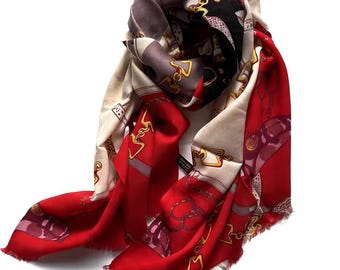 100% fine wool women's travel scarf wrap shawl color patterned abstract prints 200 cm * 70 cm