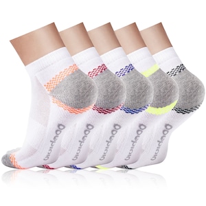 May include: Six pairs of white ankle socks with grey and colored accents. The socks have a breathable mesh design and the brand name "brandgoo" is printed on the side.
