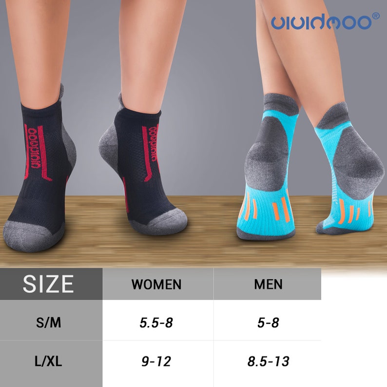 May include: Ankle socks in the image are displayed on feet. The socks are in black, gray, and blue with orange accents. The brand name "vividmoo" is visible. A size chart is included, indicating sizes S/M and L/XL for women and men.
