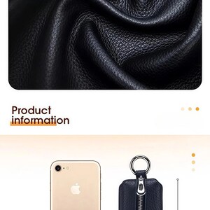 May include: Black leather key holder with a silver zipper and ring. The key holder is 4.5 cm wide, 6 cm long, and 11.5 cm high. A gold iPhone is next to the key holder. The words "Product information" are in the image.