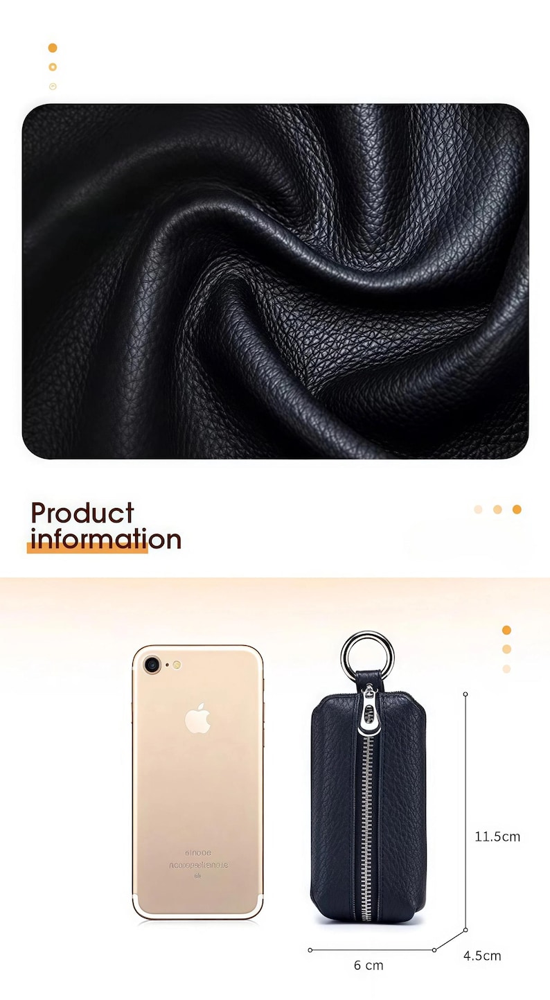 May include: Black leather key holder with a silver zipper and ring. The key holder is 4.5 cm wide, 6 cm long, and 11.5 cm high. A gold iPhone is next to the key holder. The words "Product information" are in the image.