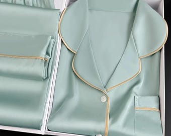 100% Mulberry Silk women's Pajama Set, 19 momme mint green Lounge Wear