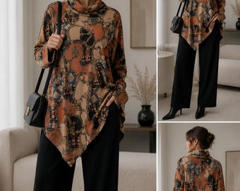 Sample Sale! Turtleneck cashmere Sweater Asymmetric hem Pullover dress One Size fits All US Size S-L