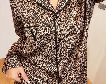 100% Mulberry Silk Leopard Print Pajama Set for Women, Luxury Silk Sleepwear, Long Sleeve Button Down Top & long Pants