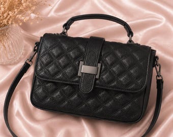 New! Women's Black leather top handle handbag purse crossbody