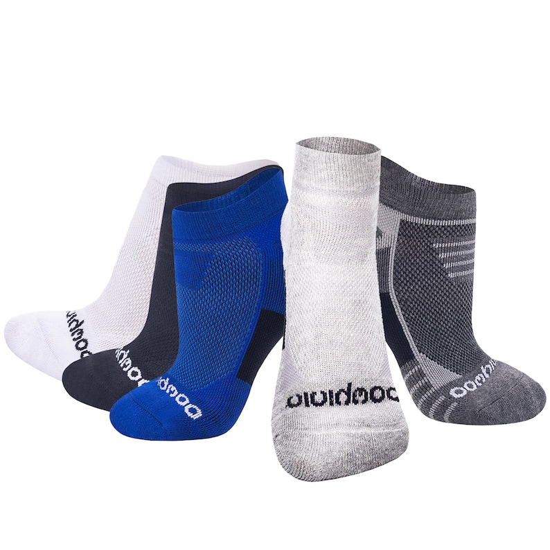 May include: A collection of five athletic socks in various colors: white, black, blue, light gray, and dark gray. Each sock features a breathable mesh design and the brand name printed on the foot.