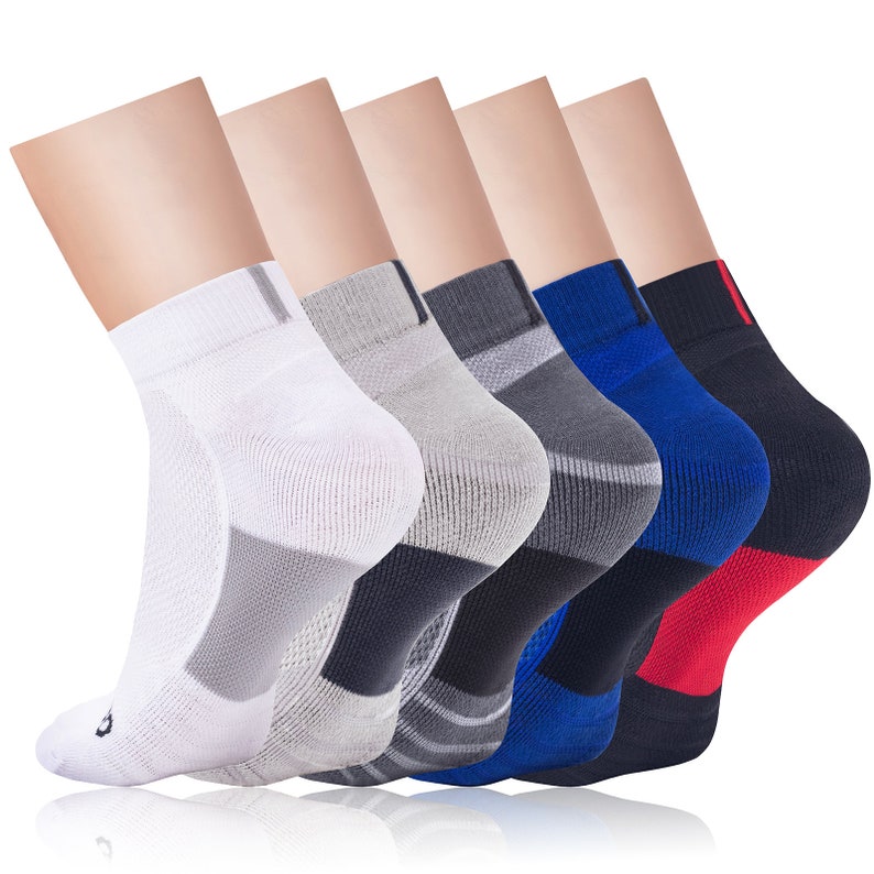 May include: A set of five athletic ankle socks in various colors. The socks are white, gray, dark gray, blue, and black, each with contrasting accents. The socks are designed for comfort and performance, with a breathable mesh design.