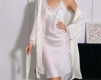 100% Mulberry Silk Slip Dress and Robe Set Lace Trim Bridal (US Size M)