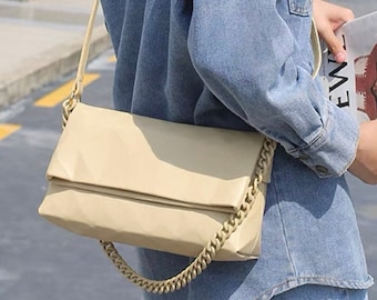 New! Premium cowhide leather Crossbody Shoulder handbag foldover closure diamond pattern