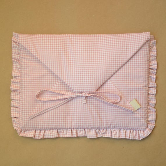 Pink Gingham Laptop Sleeve on Bow, Quilted Laptop Sleeve with Ruffles, Checkered Print Laptop Case, Cute Macbook Sleeve Case, Bow Laptop Bag