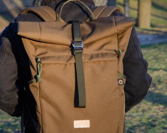 Brown Canvas Travel Rolltop Backpack for Her, Womens Waterproof Laptop Rucksack, Handmade Backpack for Laptop, Unique Backpack for Computer