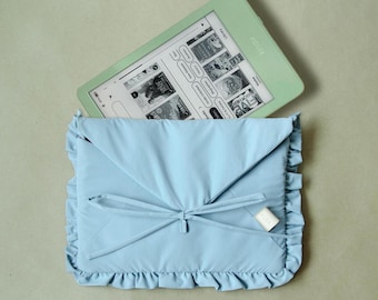 Blue Kindle Sleeve on Bow, Quilted Kindle Sleeve, Cute E-book Sleeve Quilted, Reader Kindle Quilted Sleeve with Pocket, Mother Day Gift Idea