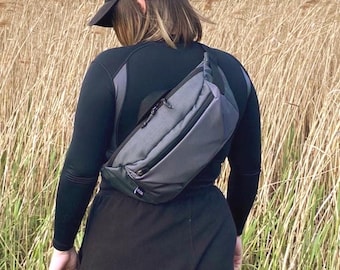 Gray Nylon Crossbody Bag, 7L Over the Shoulder Fanny Pack, Large Waist Bag for Travel or City, Waterproof Sling Bag, Handmade Messenger Bag