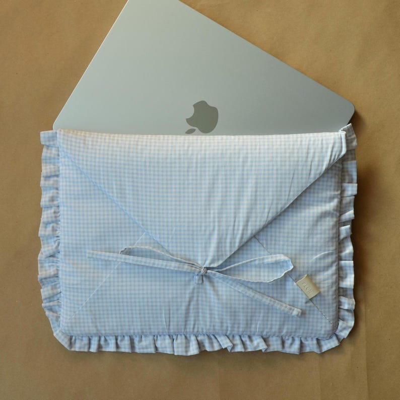 Blue Gingham Quilted Laptop Sleeve on Bow, Handmade Cotton MacBook Case ...