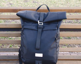 Black Canvas Rolltop Backpack for Laptop, Waterproof Backpack on Metal Hook, Durable Laptop Backpack for Travel, Best Gift for Sister Idea